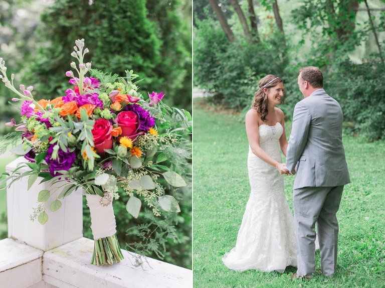 Colourful Codes Mill Wedding - Bride and Groom first look photos in Stewart Park