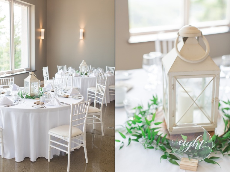 Le Belvedere Summer Wedding reception with white and green florals and decor