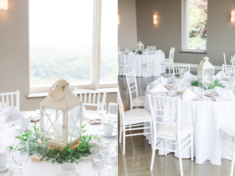Le Belvedere Summer Wedding reception with white and green florals and decor